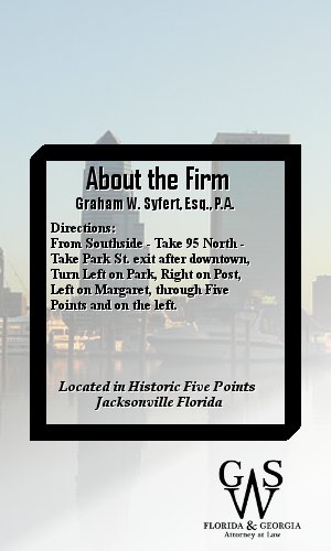 About the Firm - Graham W. Syfert, Esq., P.A. - Directions: From Southside, Take 95 North - Take Park St. exit after downtown, Turn Left on Park, Right on Post, Left on Margaret, through Five Points and on the left above Five Points Dental.